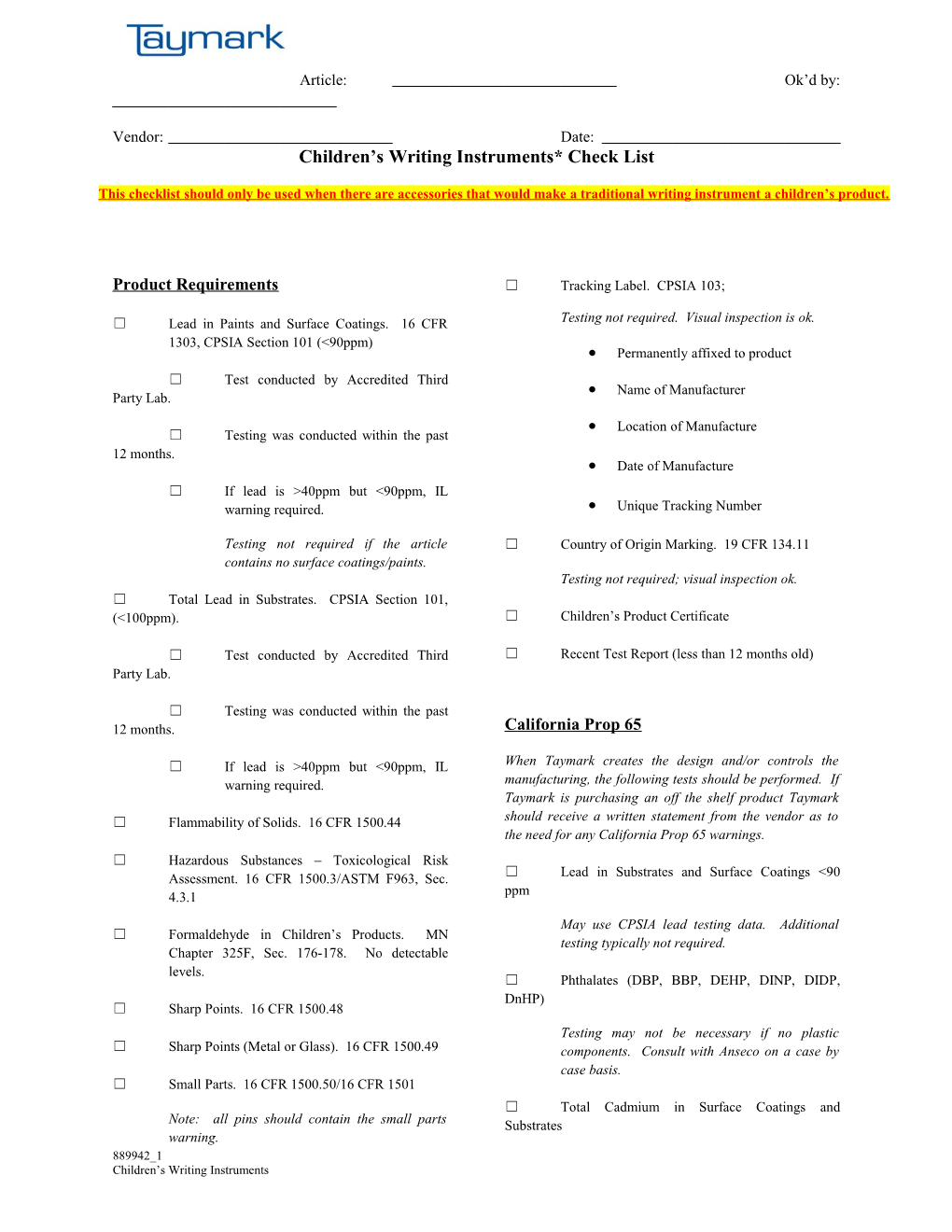 Children S Writing Instruments* Check List