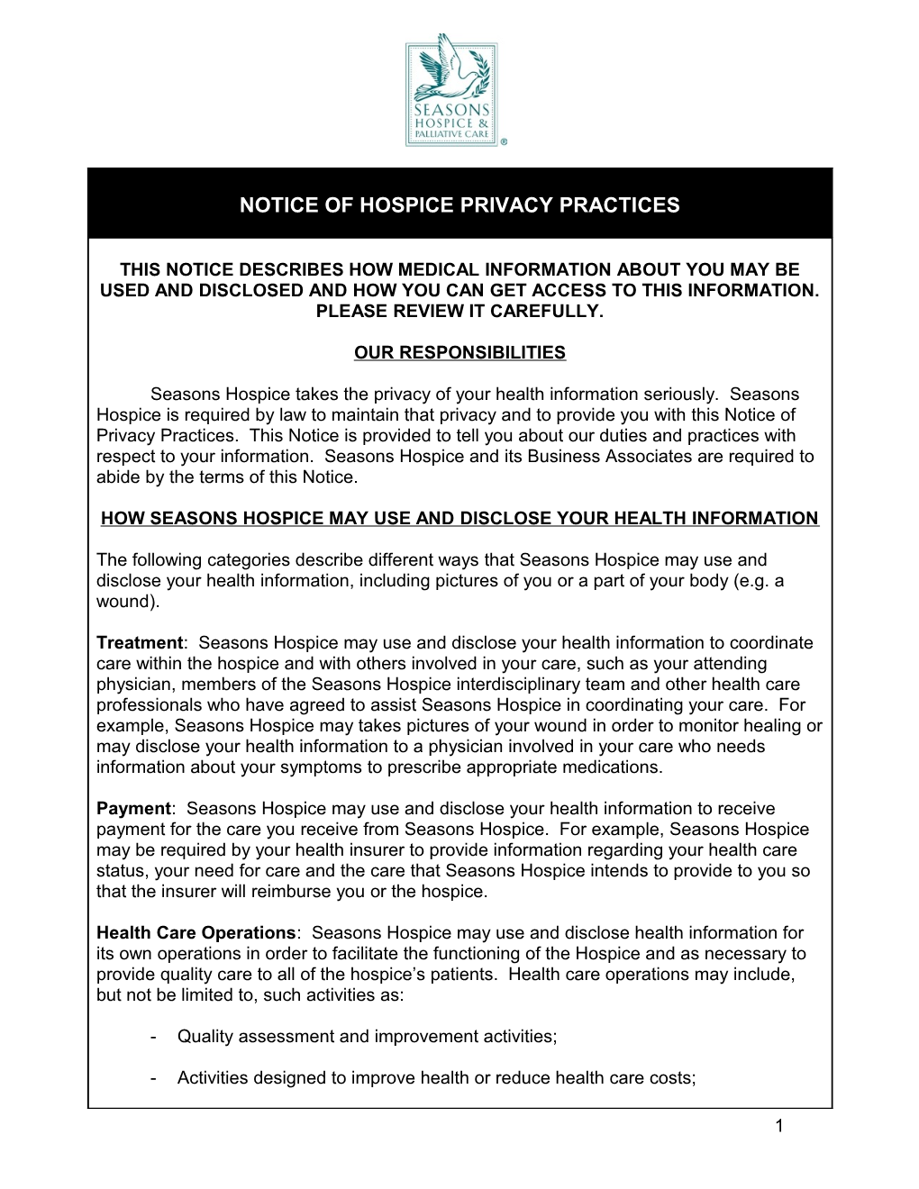Sample Notice of Hospice Privacy Practices