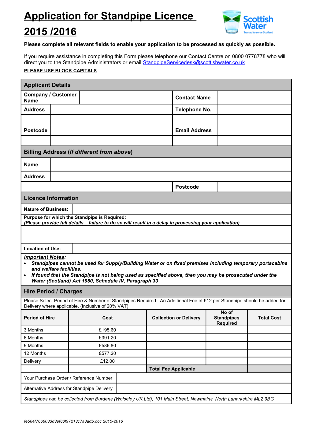 Application for a Standpipe Licence