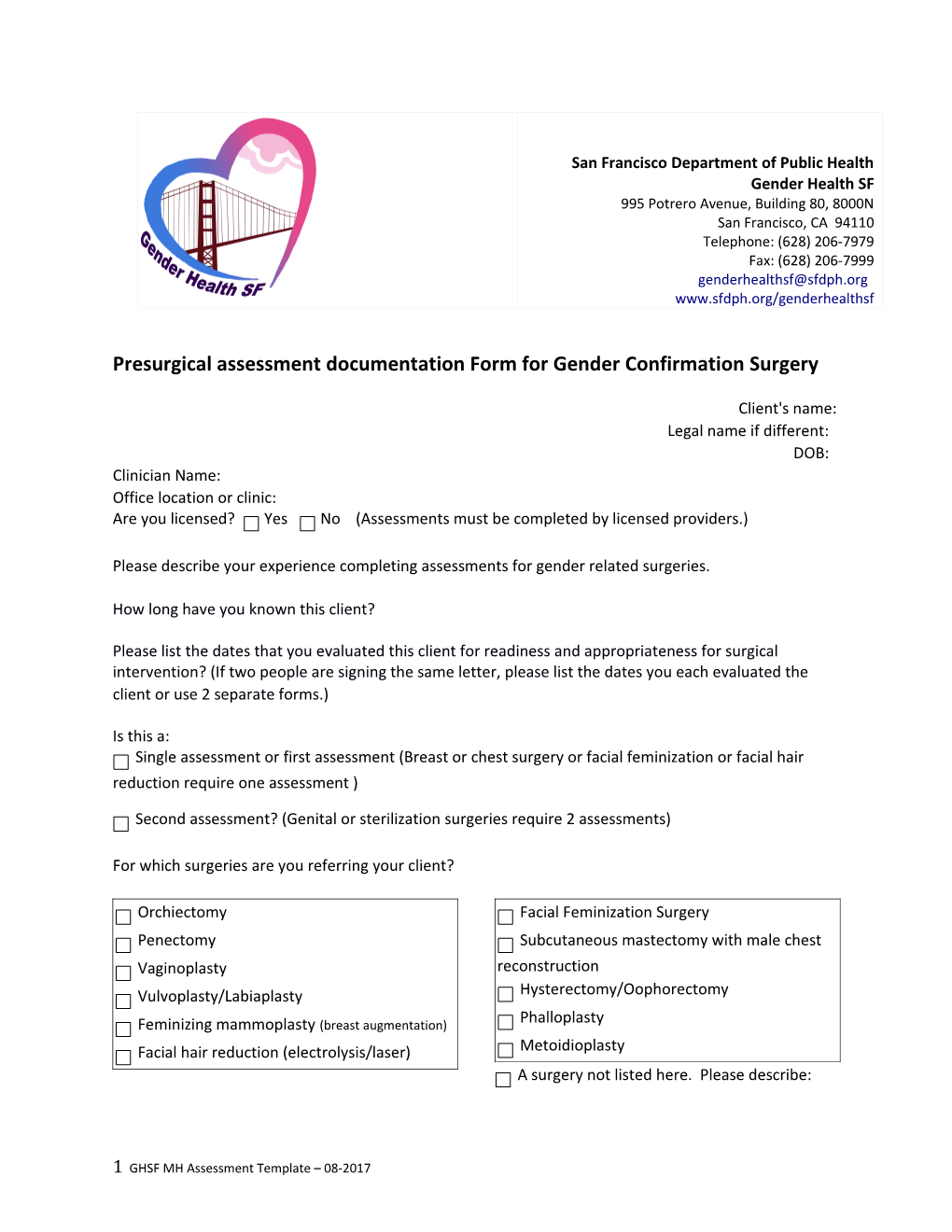 Presurgical Assessmentdocumentation Form for Gender Confirmation Surgery