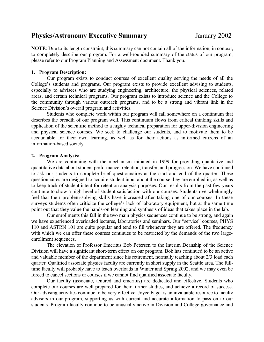 Physics/Astronomy Executive Summary January 2002