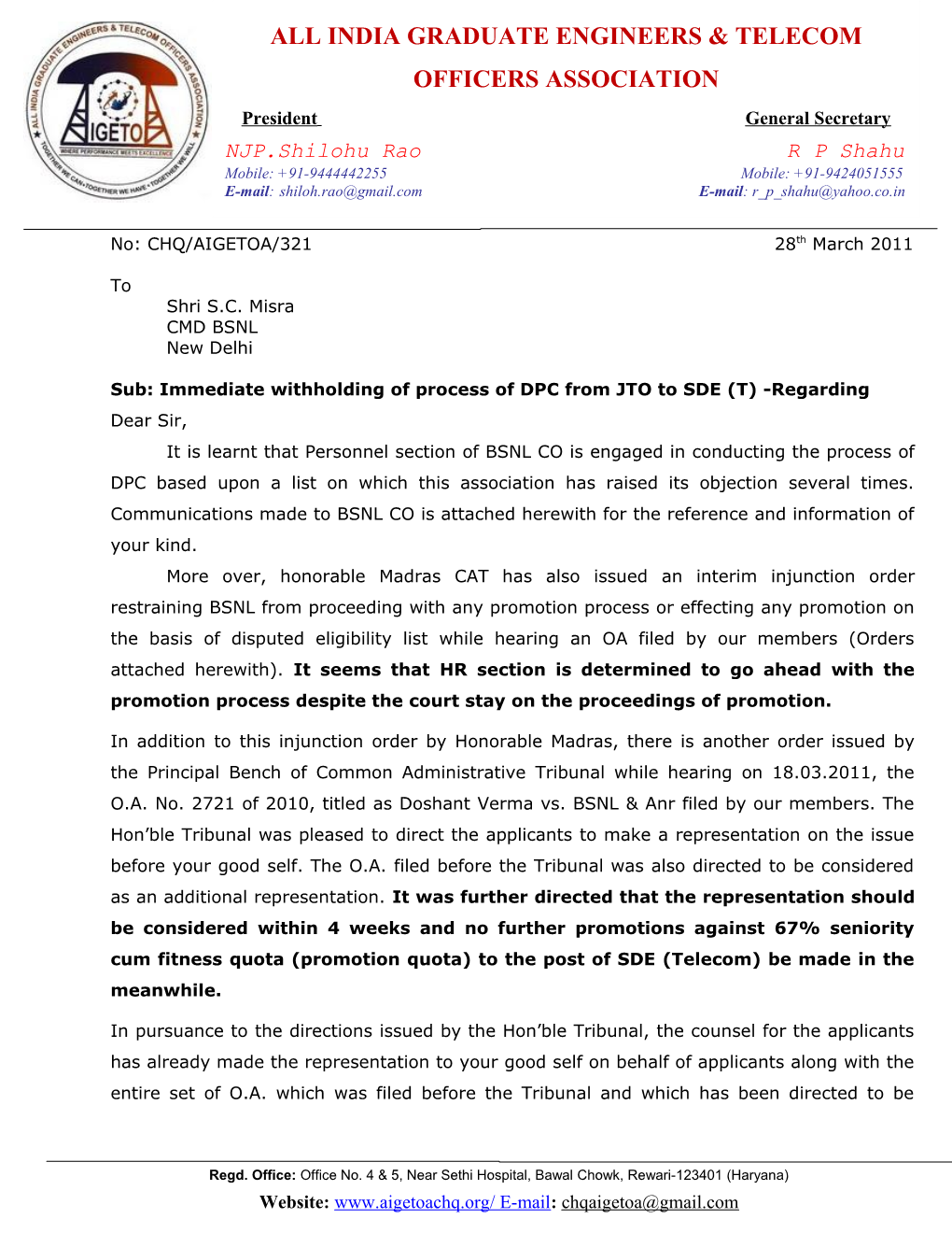 Sub: Immediate Withholding of Process of DPC from JTO to SDE (T) -Regarding
