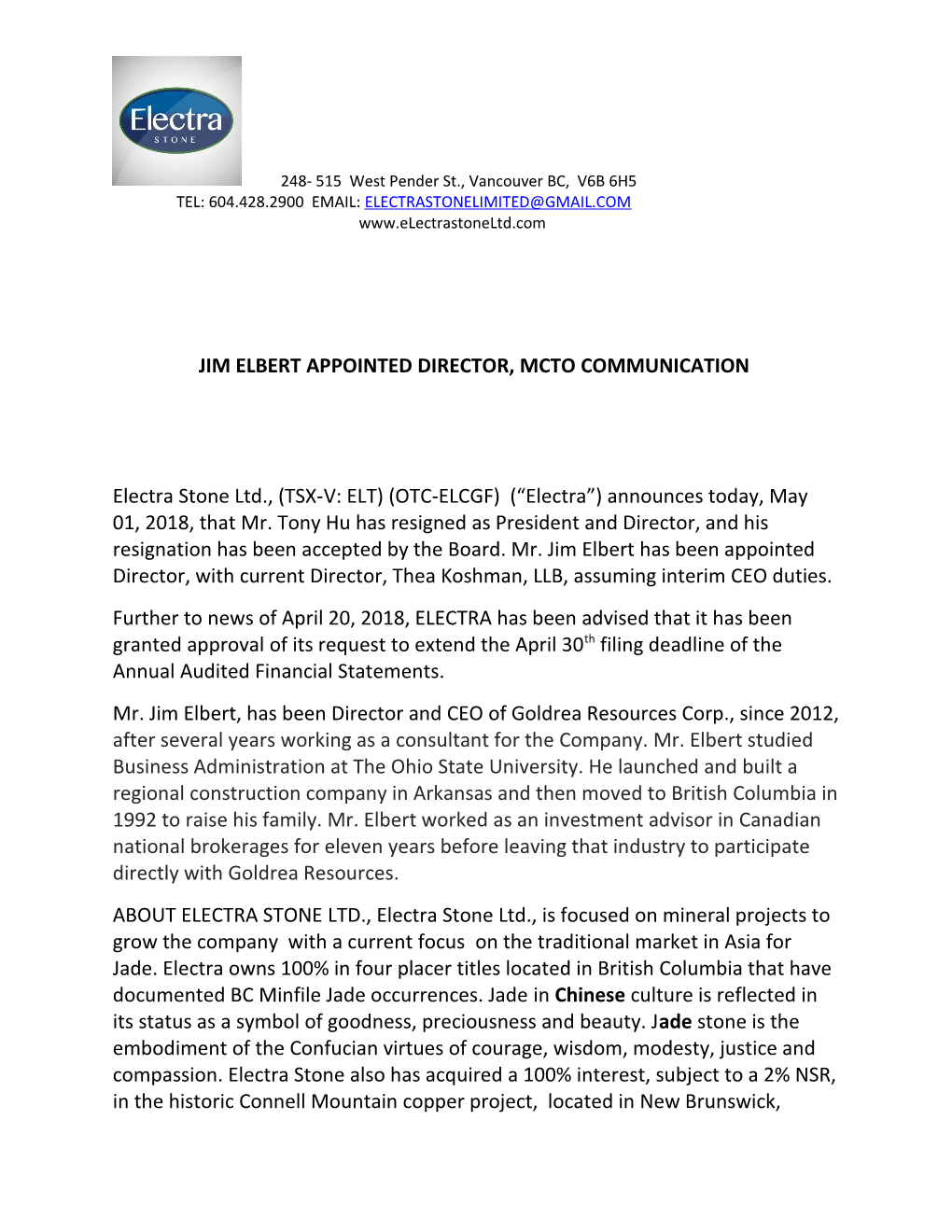 Jim Elbert Appointed Director, Mcto Communication