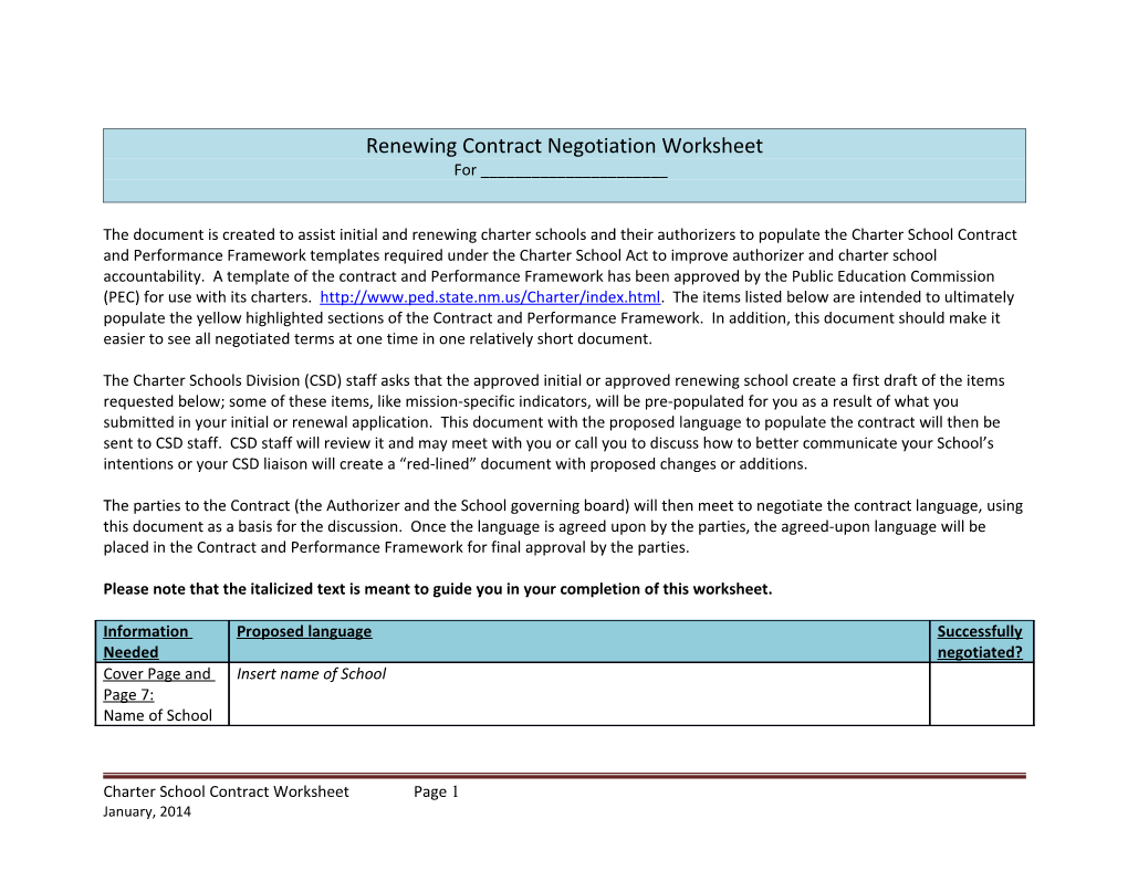 Renewing Contract Negotiation Worksheet