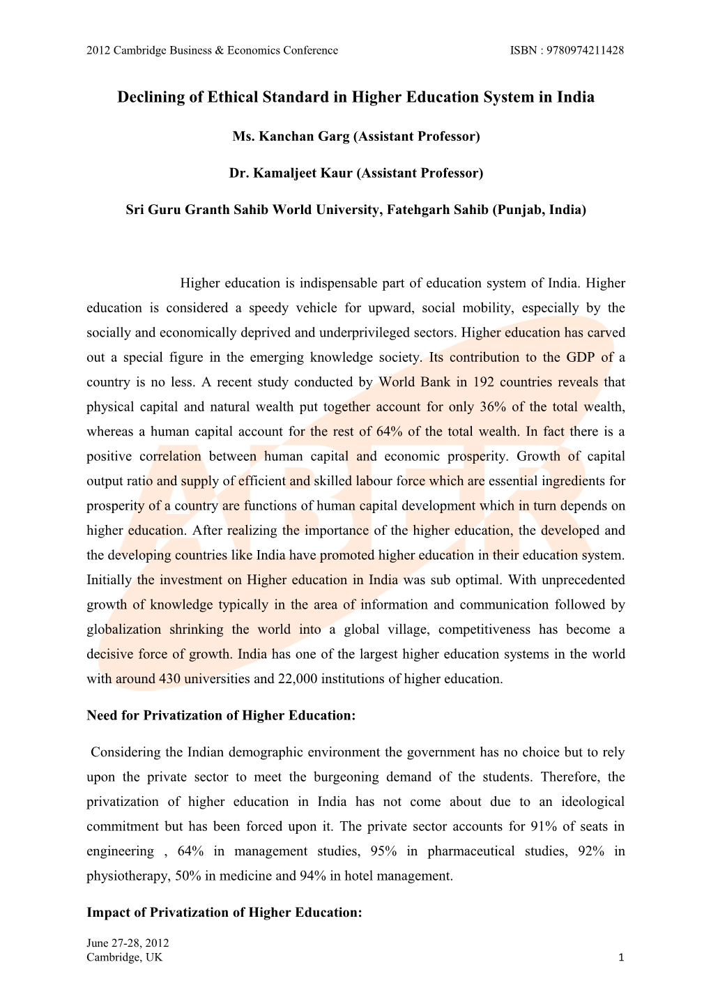 Declining of Ethical Standard in Higher Education System in India