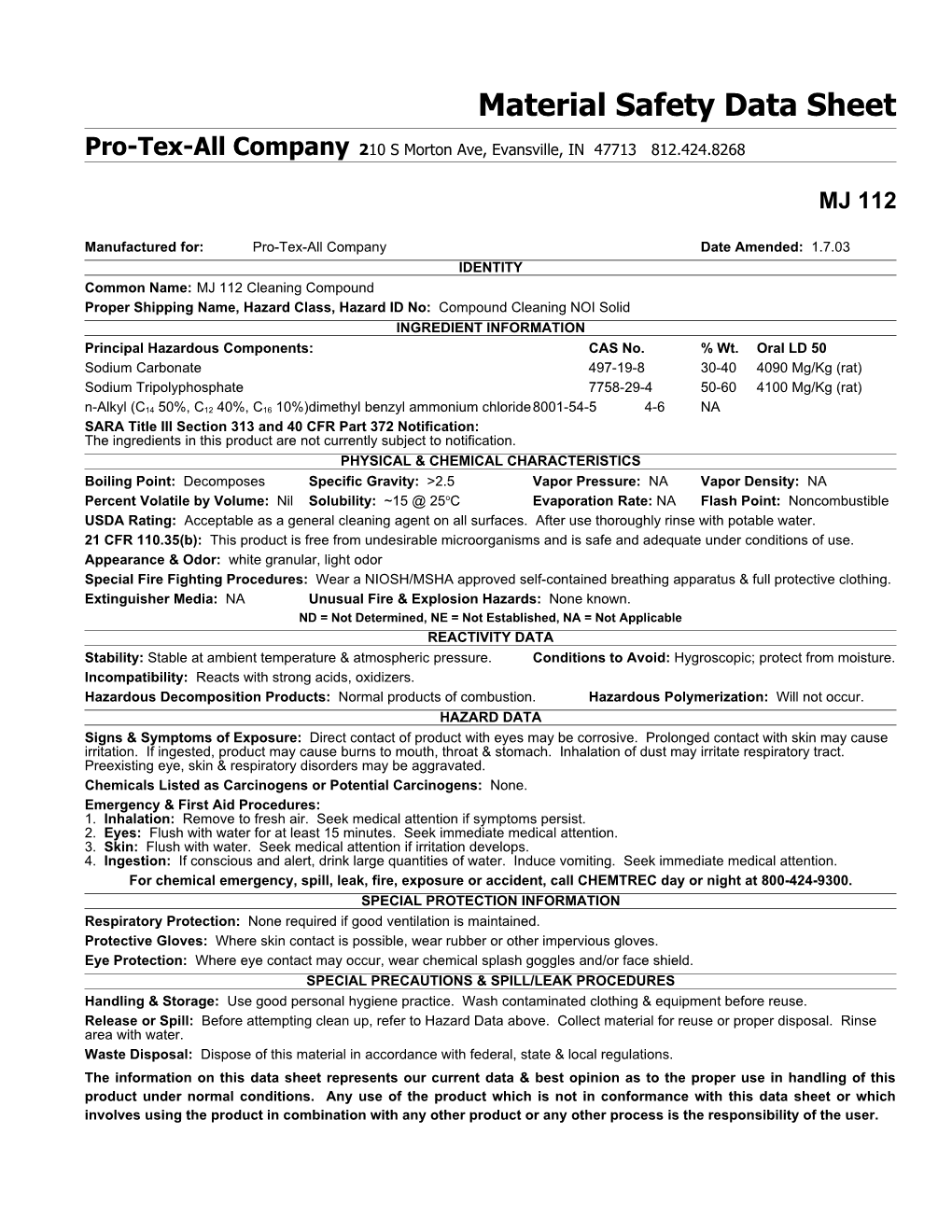 Material Safety Data Sheet s112