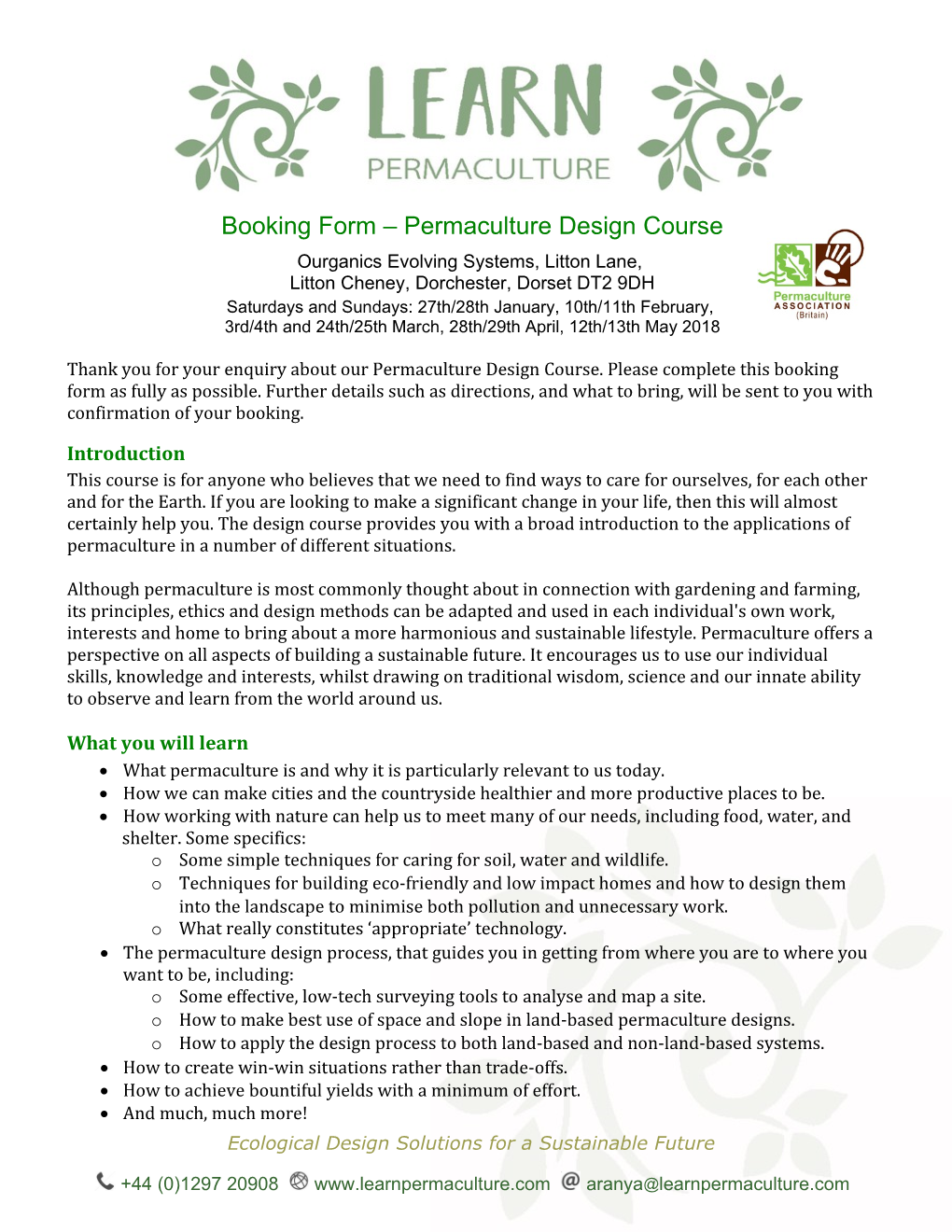 Booking Form Permaculture Design Course