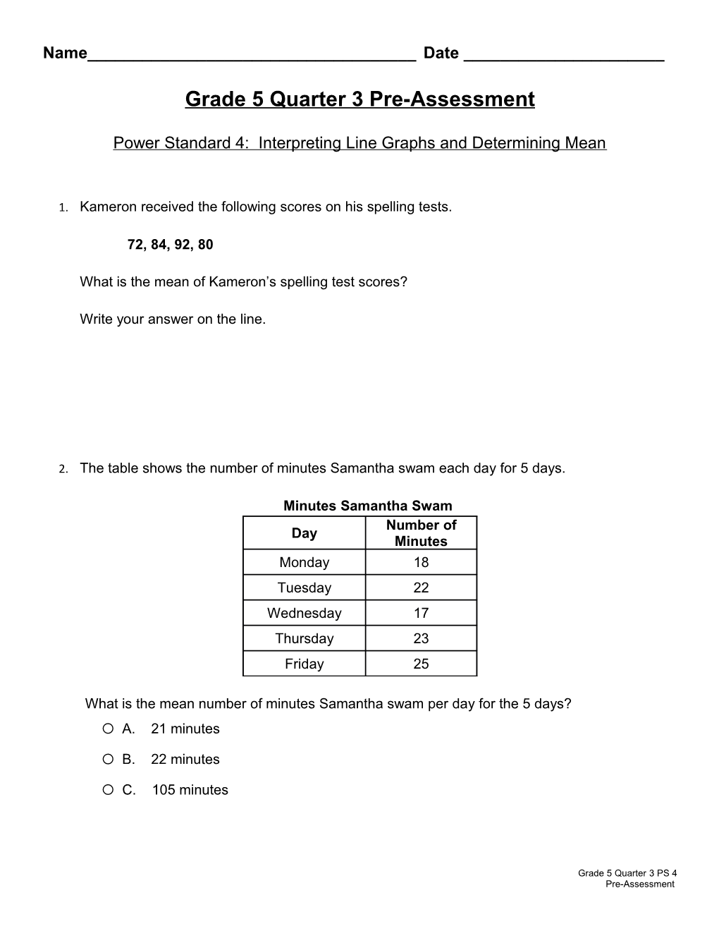 Grade 5 Quarter 3 Pre-Assessment