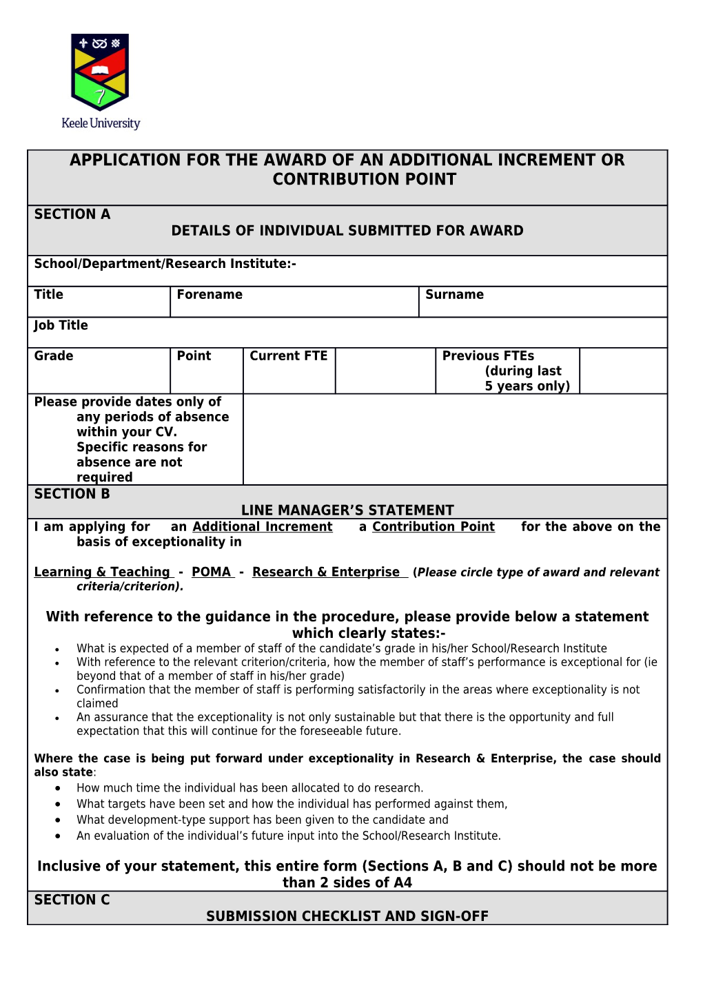 Application for the Award of an Additional Increment Or Contribution Point