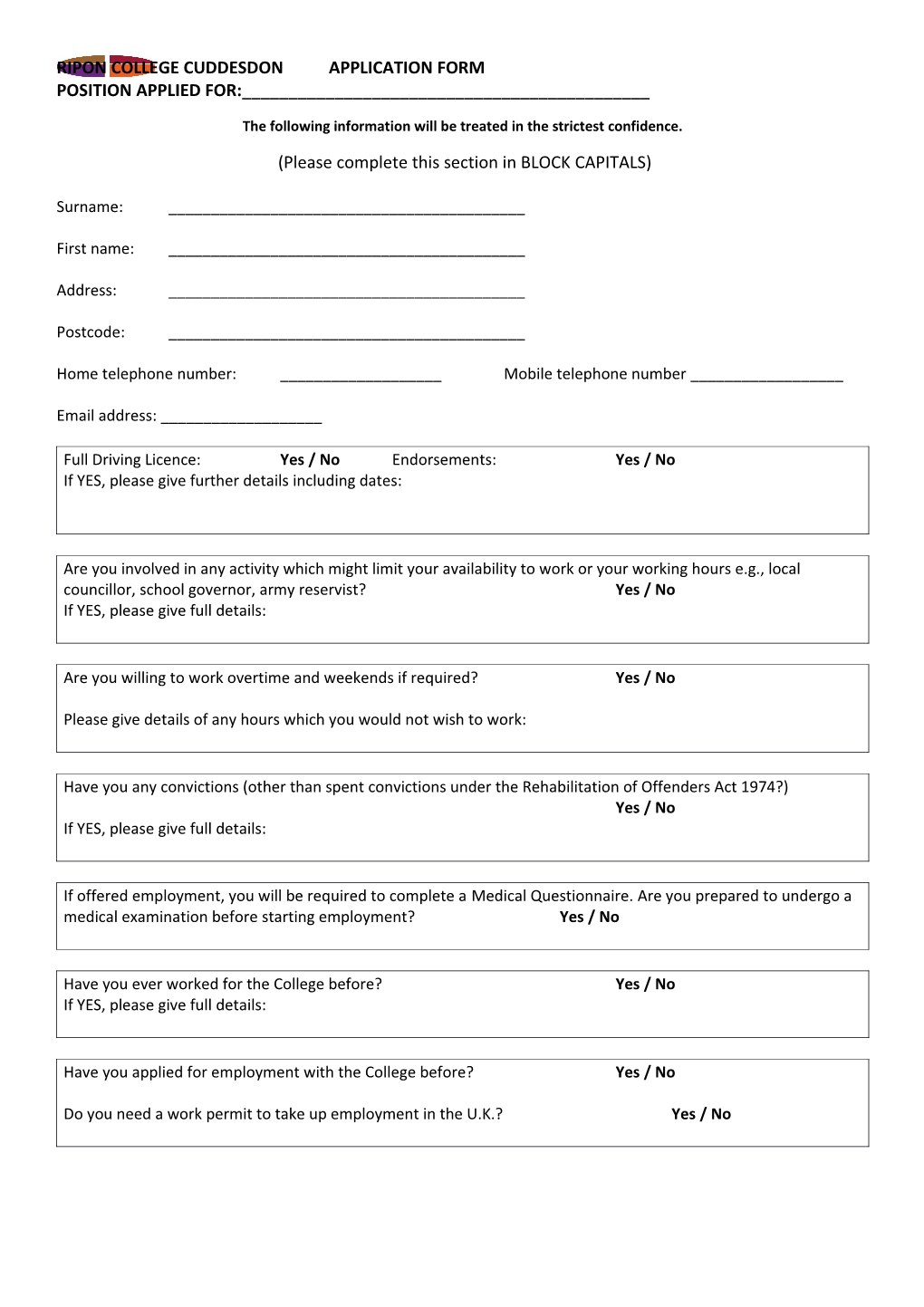 Ripon College Cuddesdon Application Form