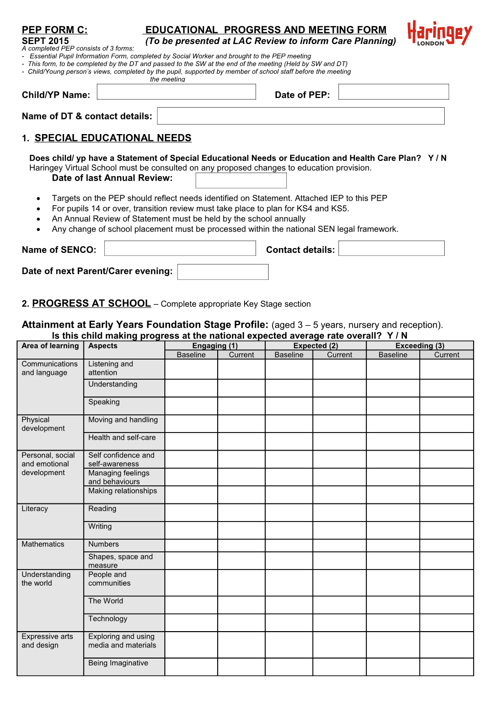 PEP: EDUCATIONAL PROGRESS FORM for Presentation at LAC Review to Inform Care