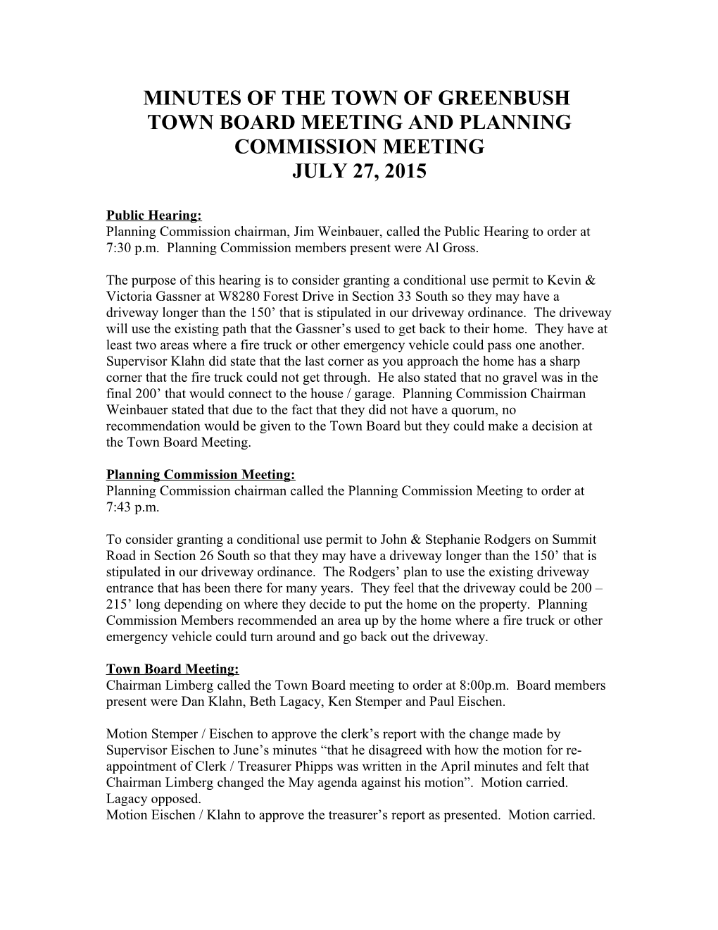 Town Board Meeting and Planning Commission Meeting