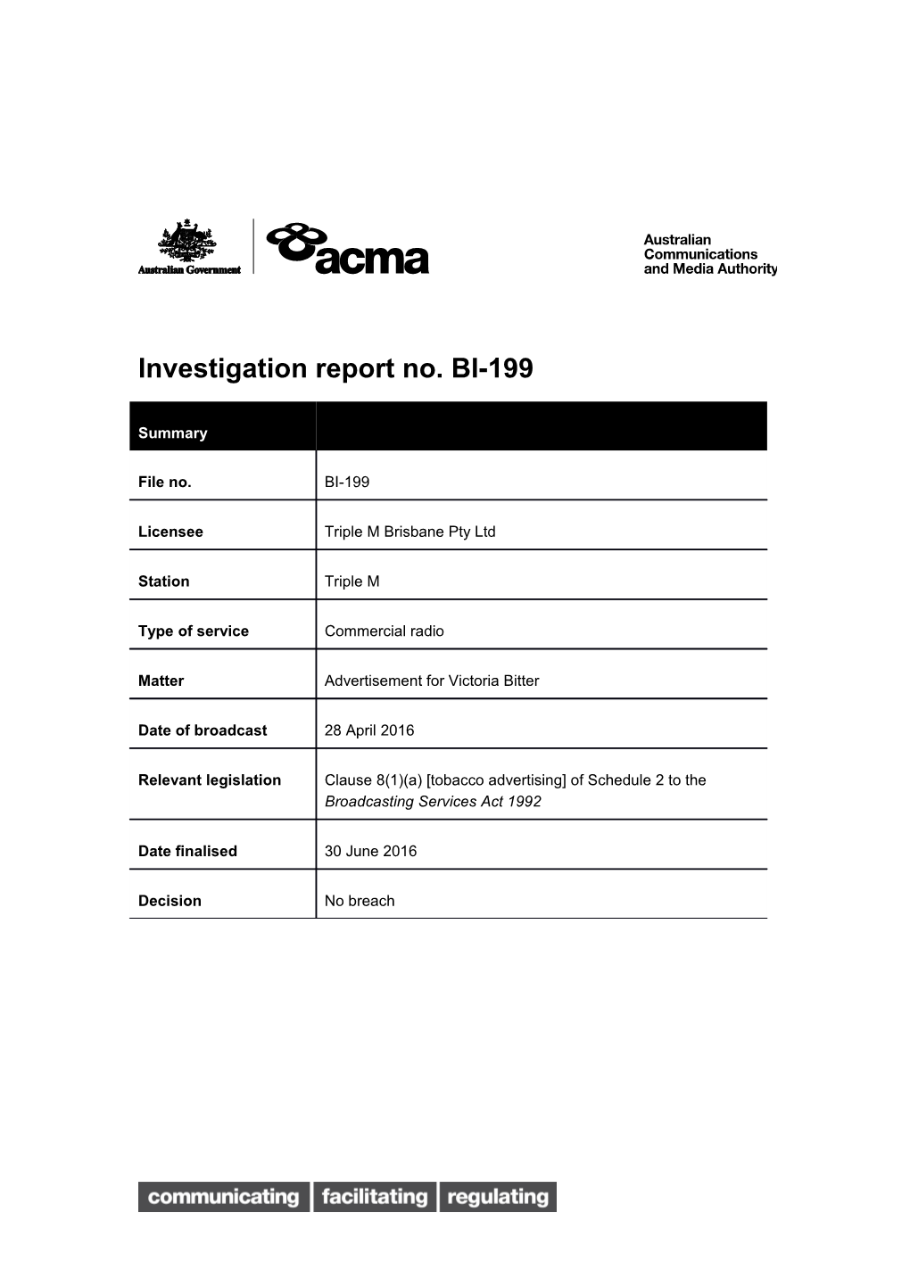 Investigation Report No. BI-199
