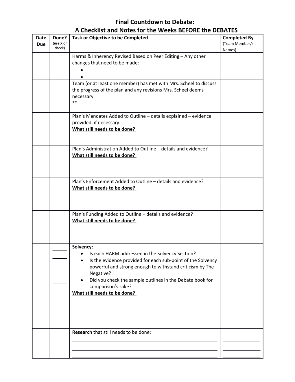 A Checklist and Notes for the Weeks BEFORE the DEBATES