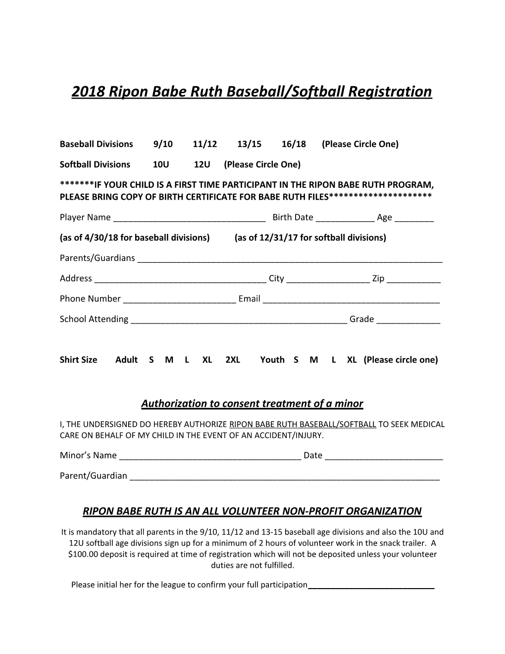 2018 Ripon Babe Ruth Baseball/Softball Registration