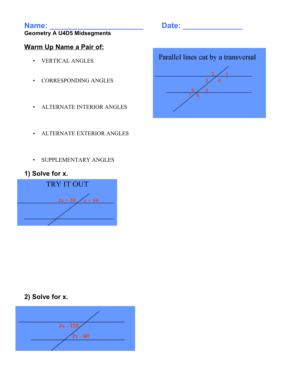Geometry a U4D5 Midsegments