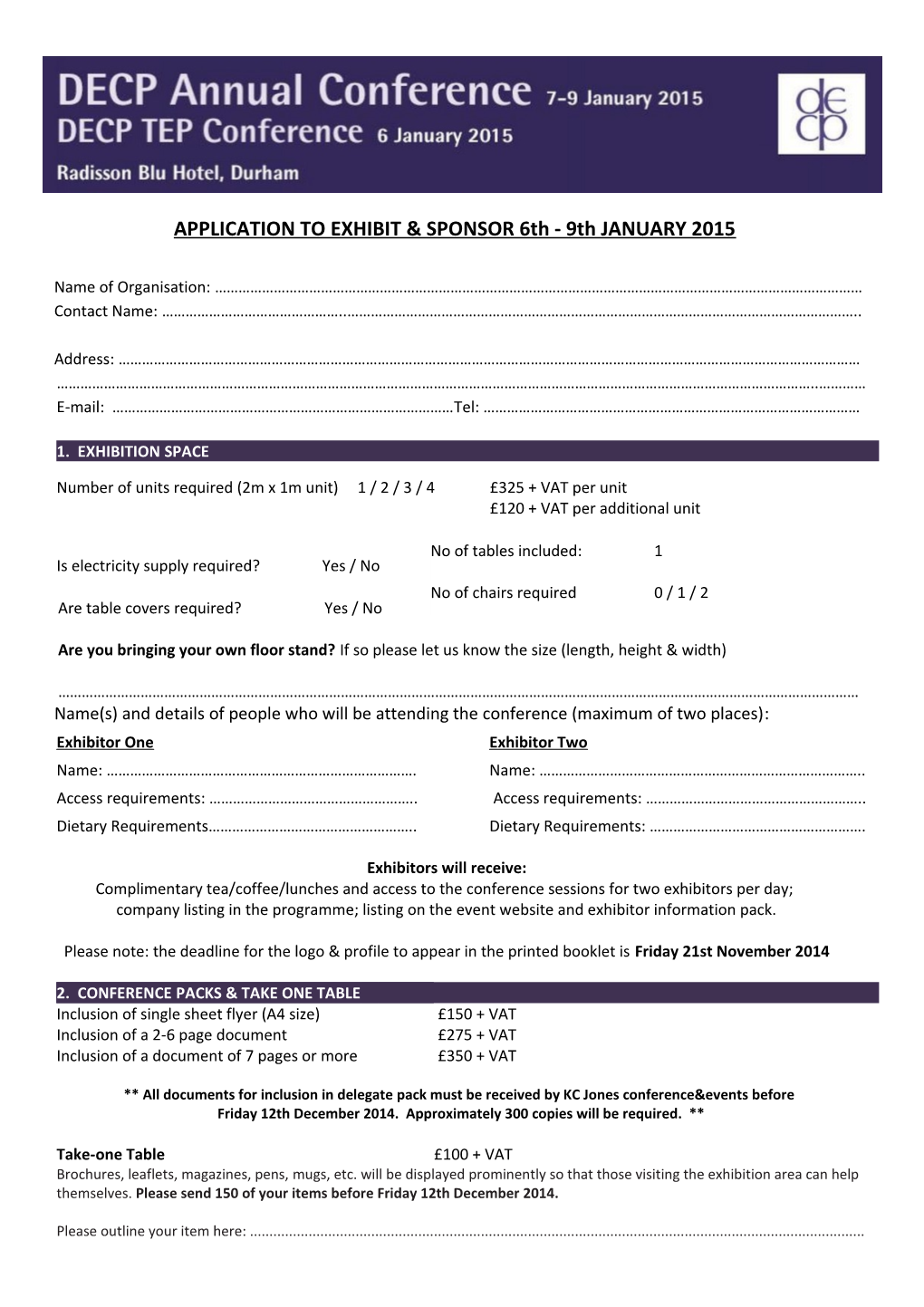 APPLICATION to EXHIBIT & Sponsor6th - 9Th JANUARY 2015