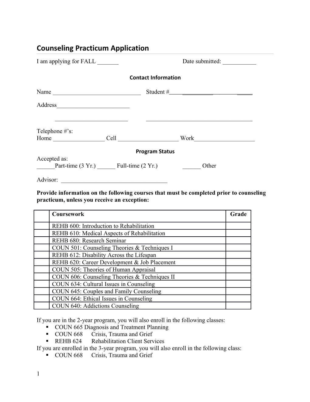 Counseling Practicum Application