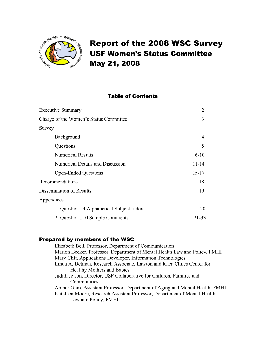 2008 Report of the Women S Status Committee Survey