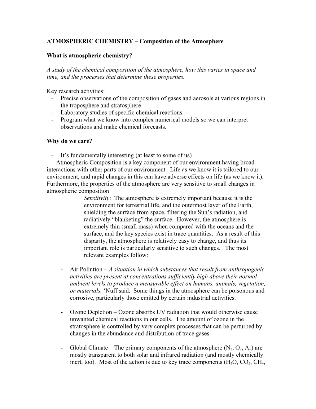 ATMOSPHERIC CHEMISTRY Composition of the Atmosphere