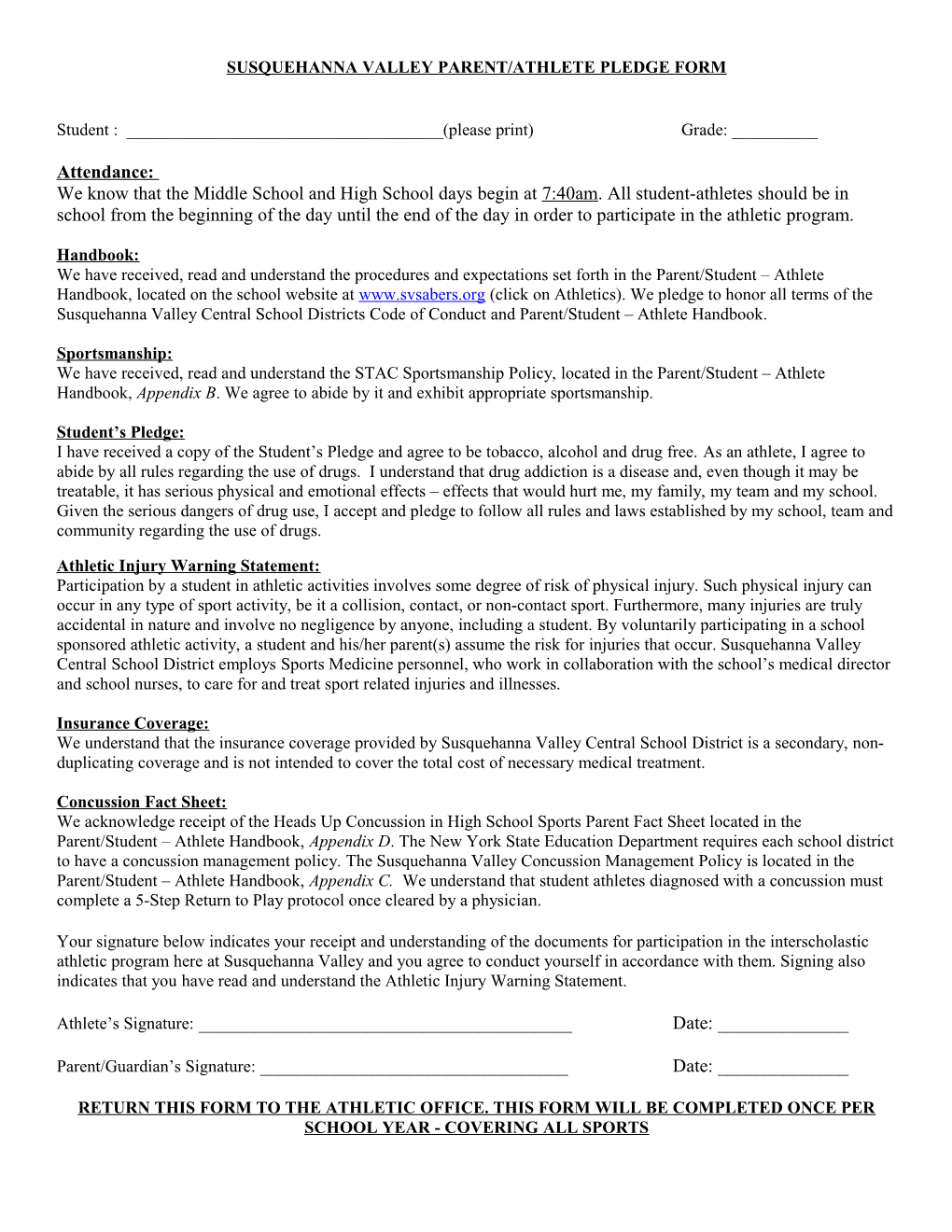 Susquehanna Valley Parent/Athlete Pledge Form