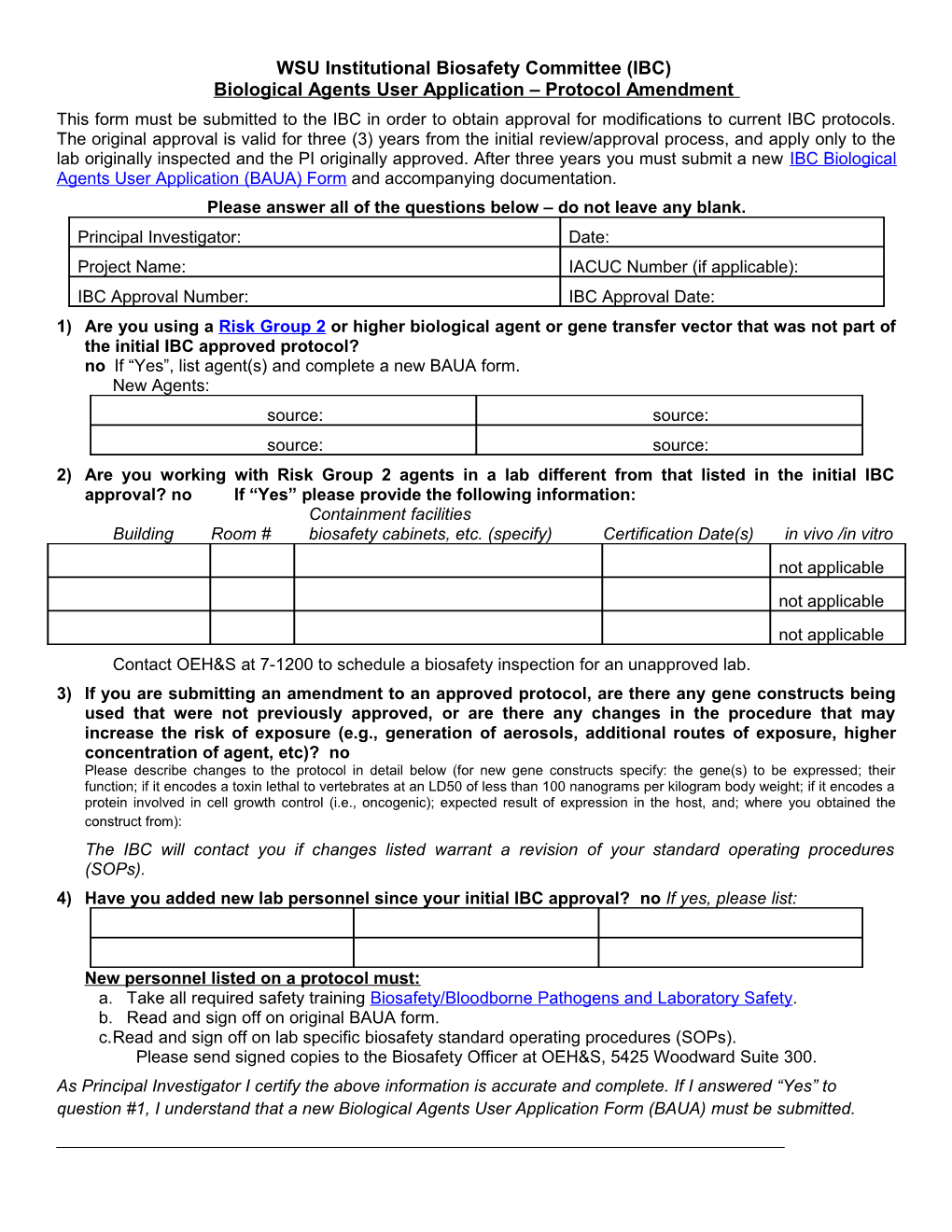 WSU Institutional Biosafety Committee (IBC) Revision Application