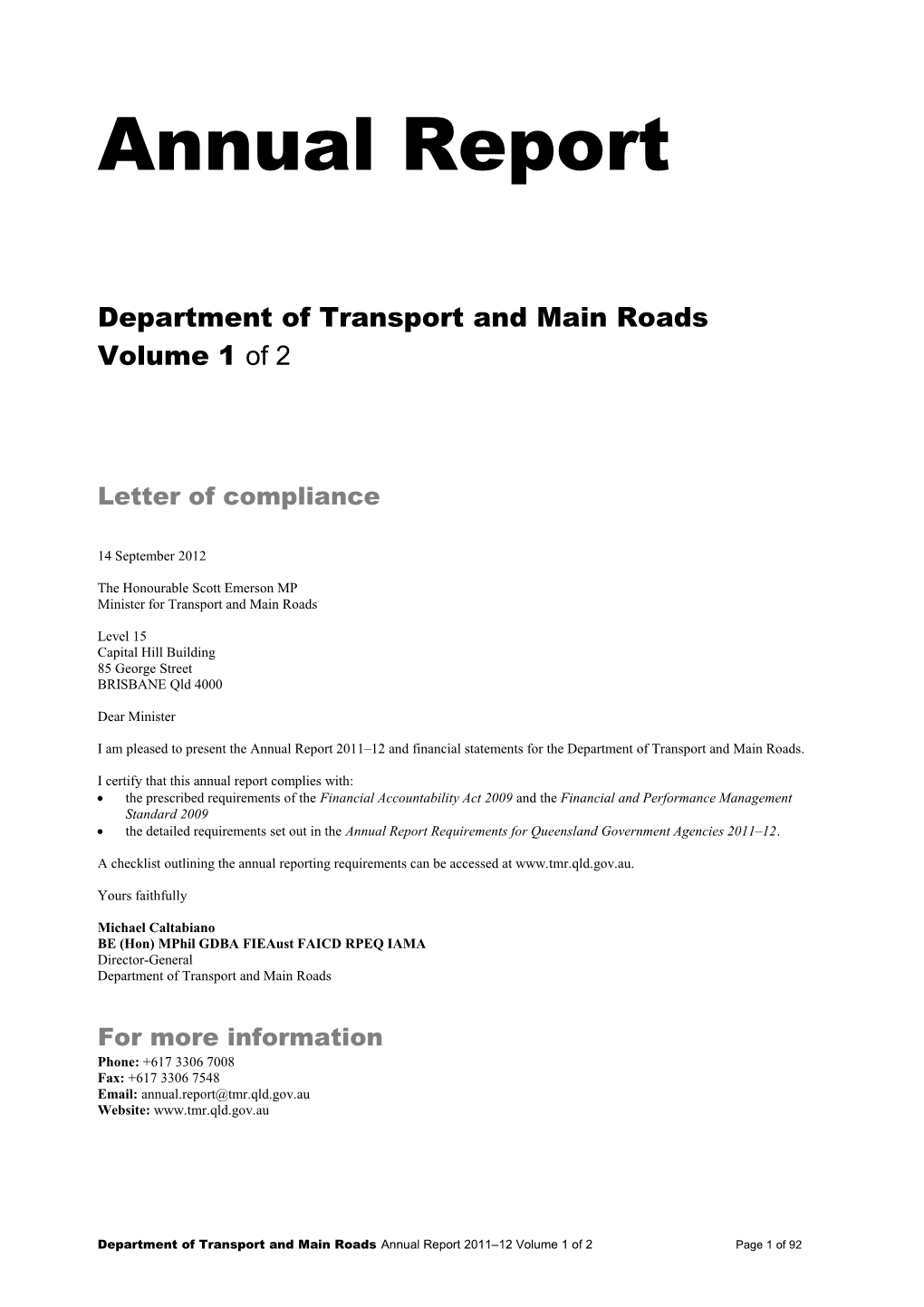 Transport And Main Roads Annual Report 2011-12 (Text-Only Version)