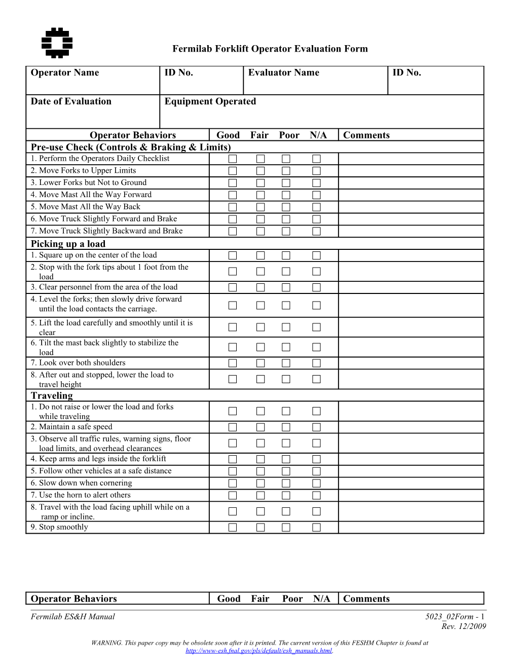 Fermilab Forklift Operator Evaluation Form