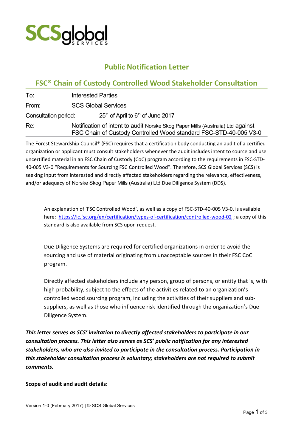 FSC Chain of Custody Controlled Wood Stakeholder Consultation