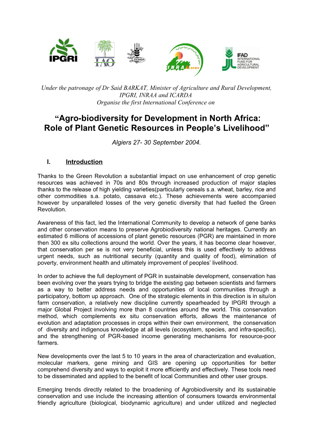 International Conference - Agro-Biodiversity for Development in North Africa: Role of Plant