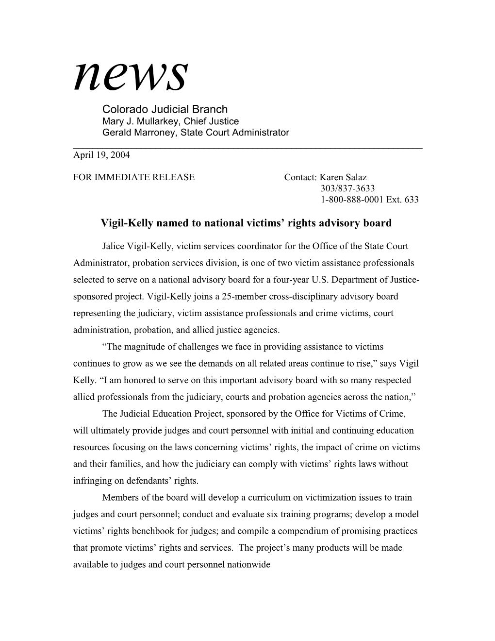 Vigil-Kelly Named to National Victims Rights Advisory Board
