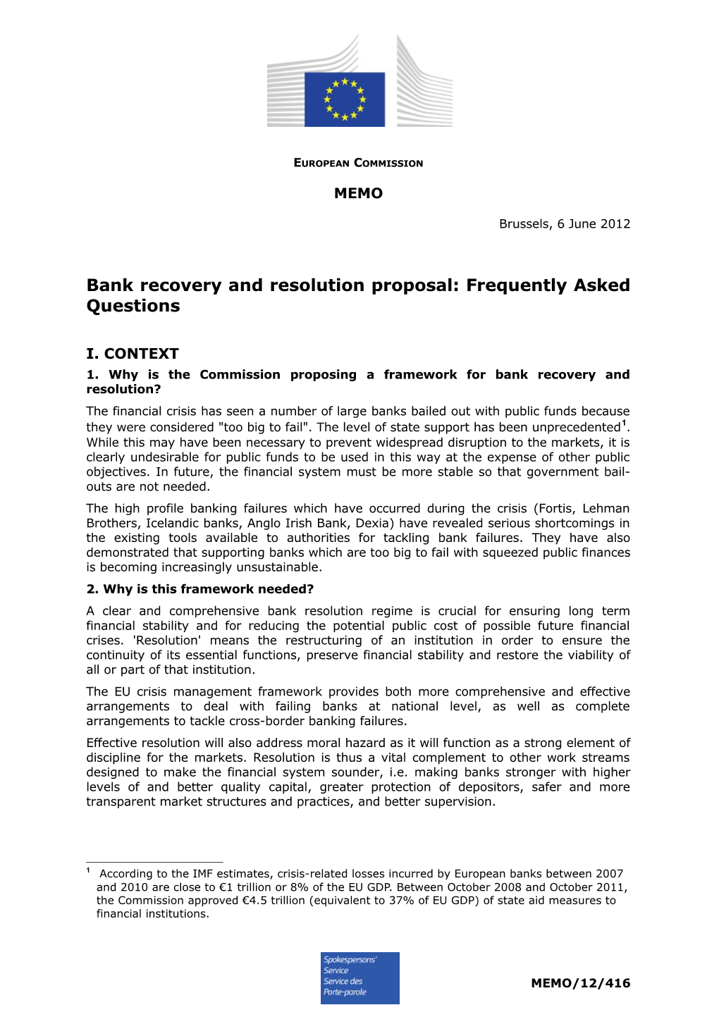 Bank Recovery and Resolution Proposal: Frequently Asked Questions