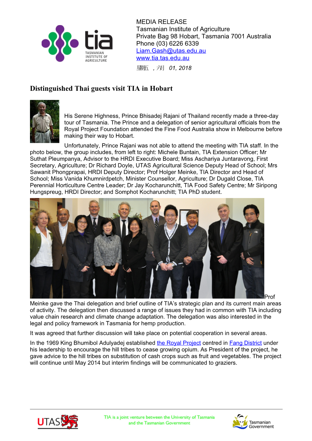 Distinguished Thai Guests Visit TIA in Hobart