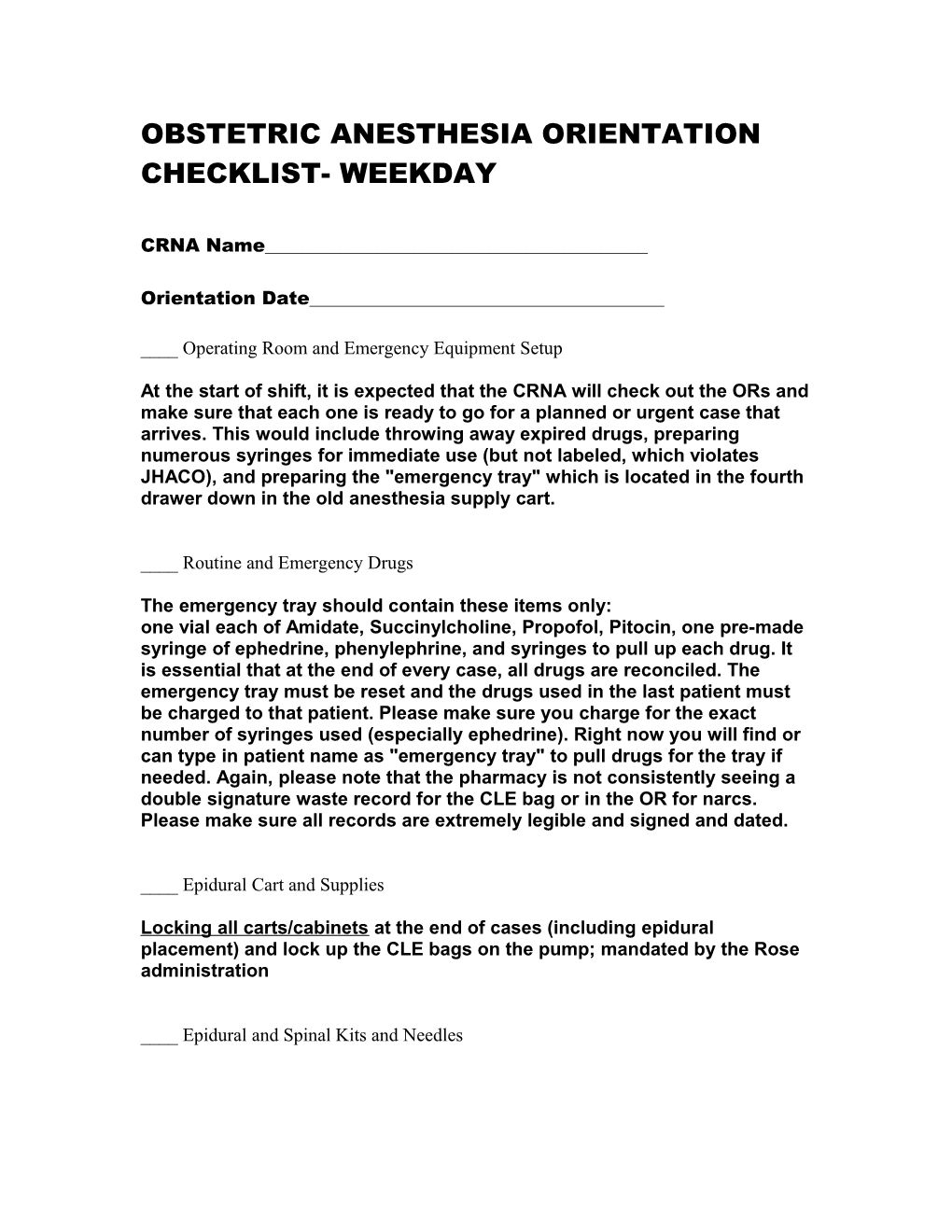 Obstetric Anesthesia Orientation Checklist- Weekday