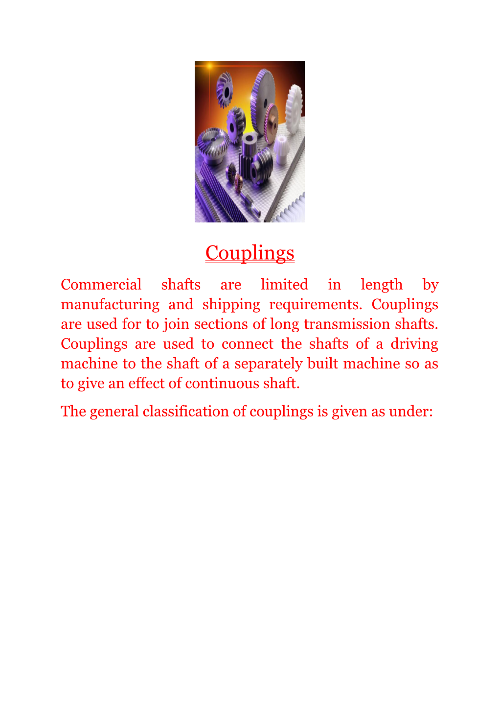 The General Classification of Couplings Is Given As Under