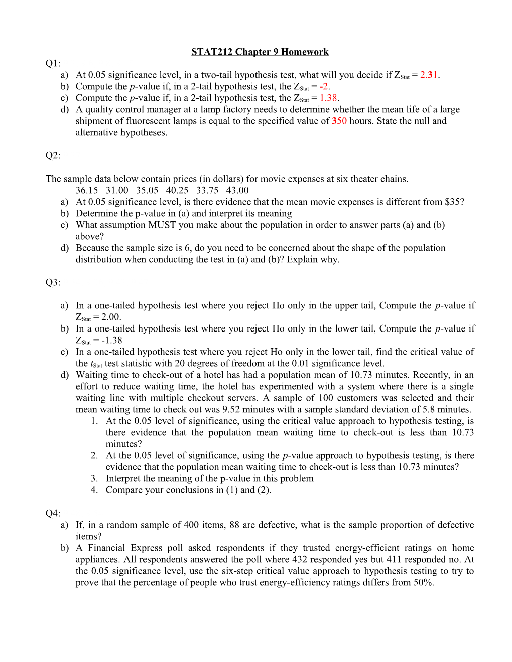 STAT212 Chapter 9 Homework