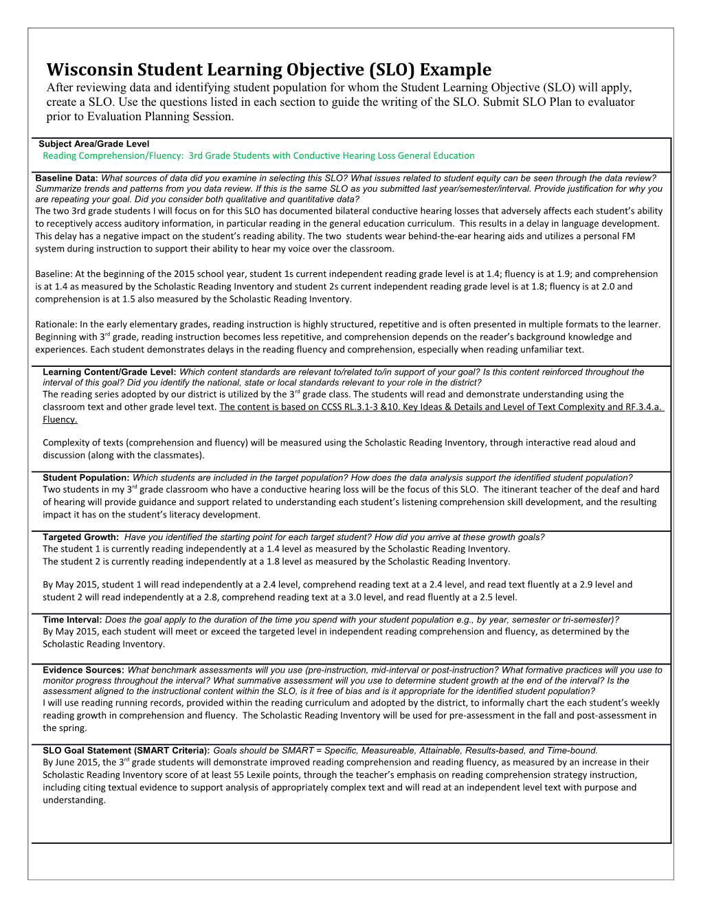 Wisconsin Student Learning Objective (SLO) Example