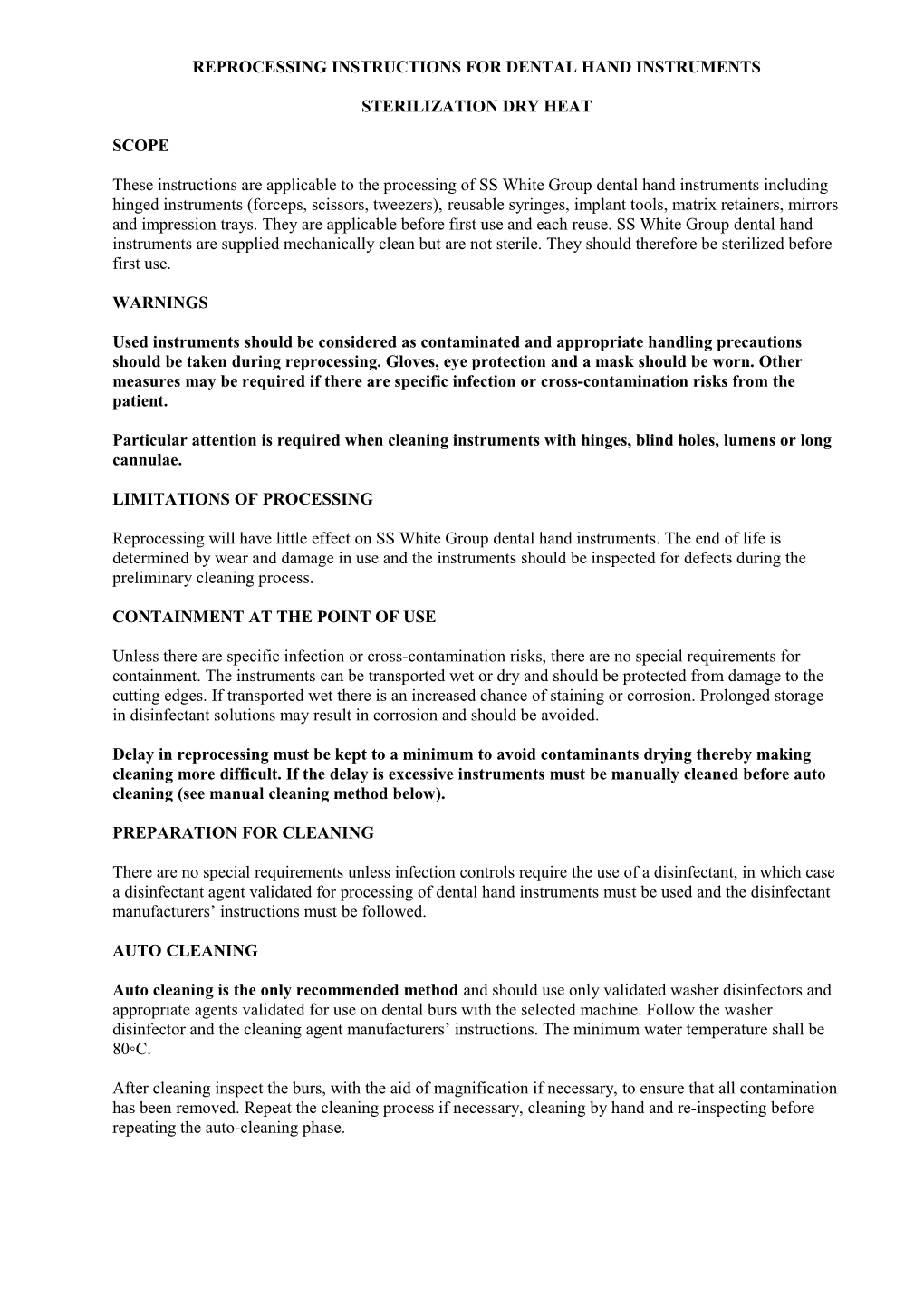 Reprocessing Instructions for Dental Hand Instruments