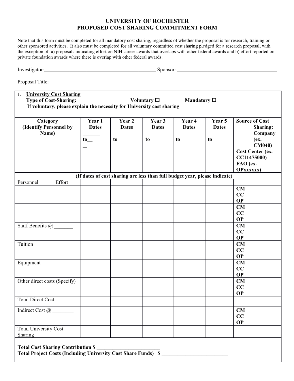 Proposed Cost Sharing Commitment Form