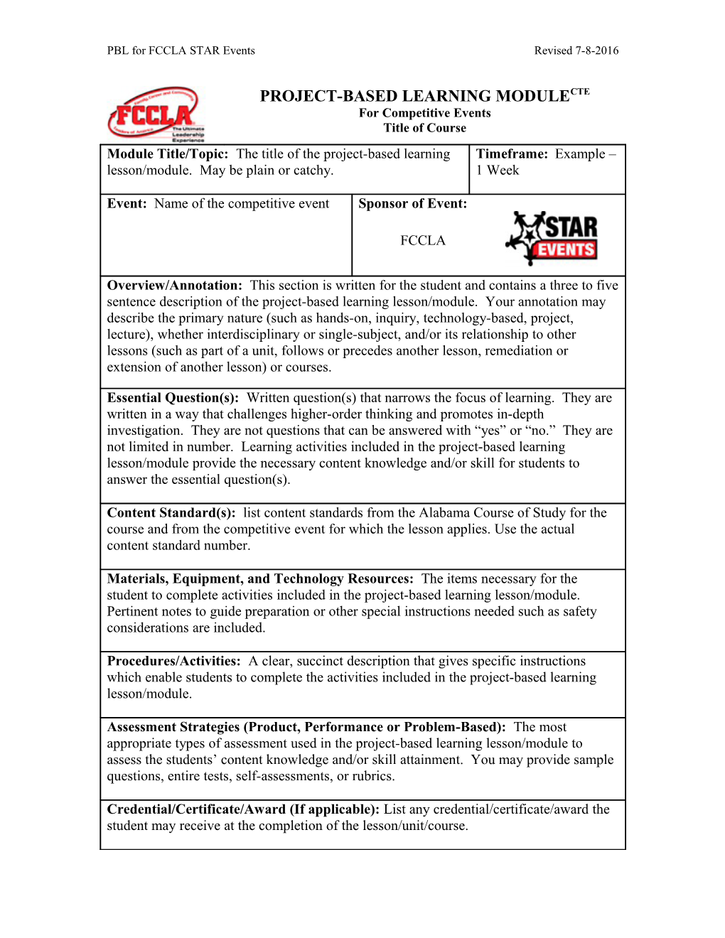 FCCLA/Education and Training - Project Based Learning Module for Competitive Events - Blank