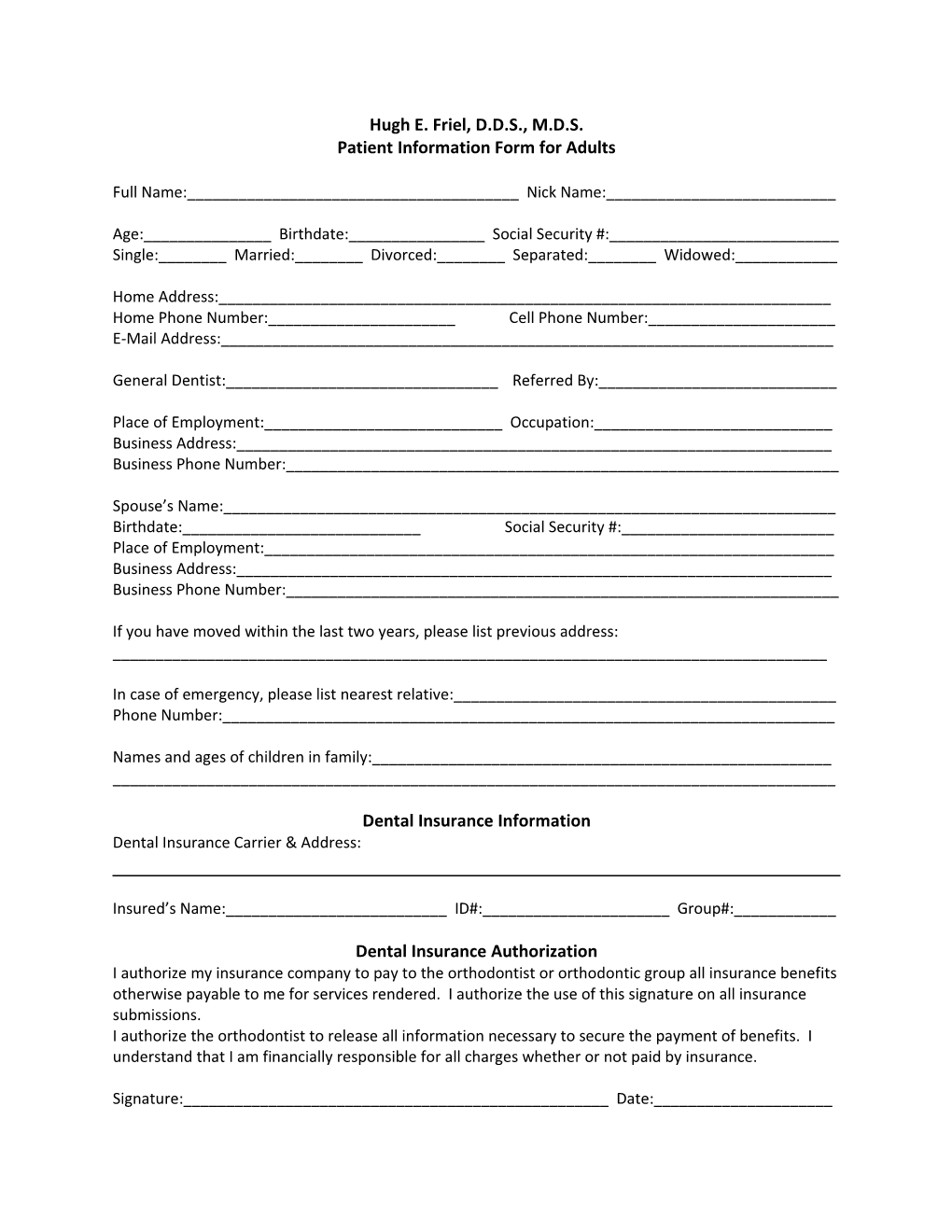 Patient Information Form for Adults