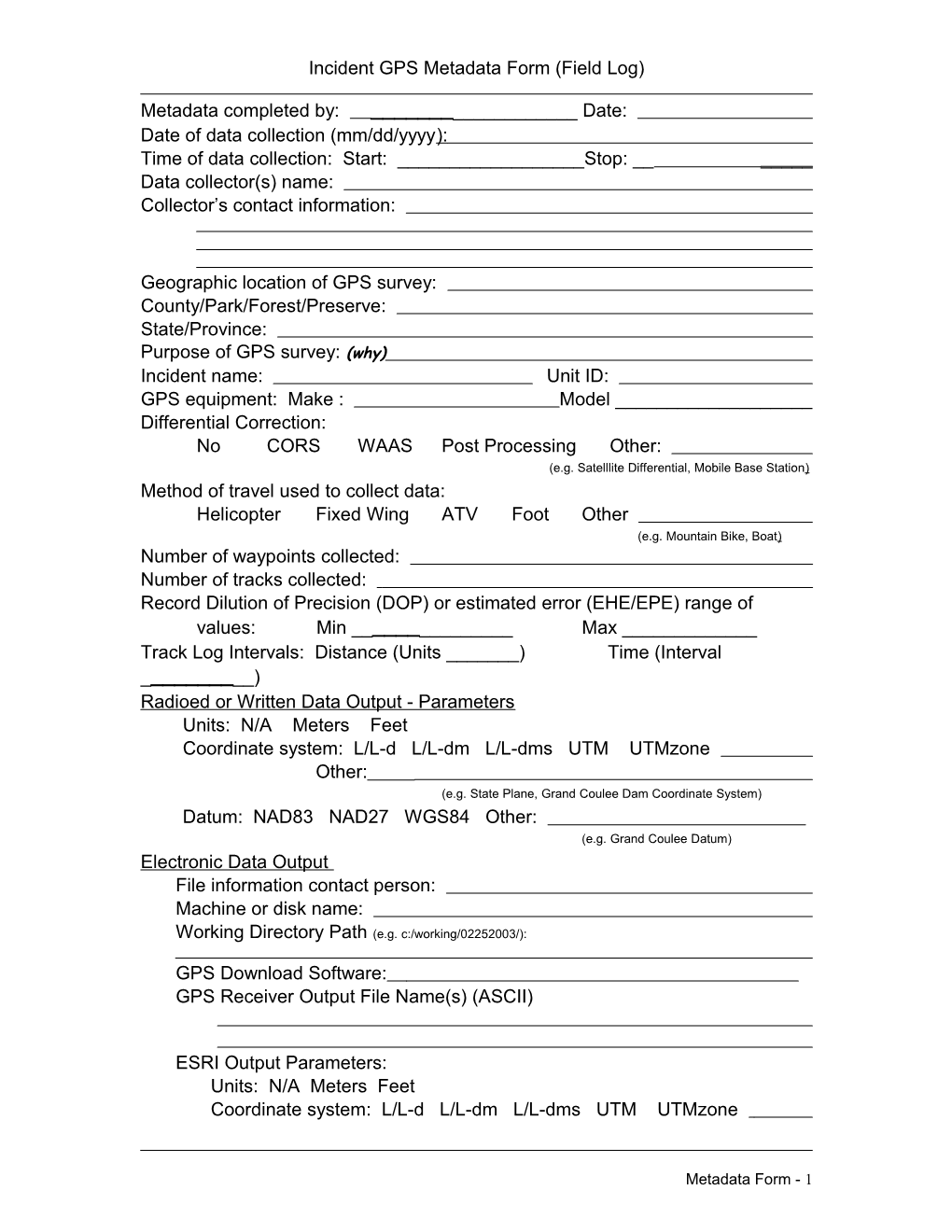 Metadata Information for GPS Collected Data