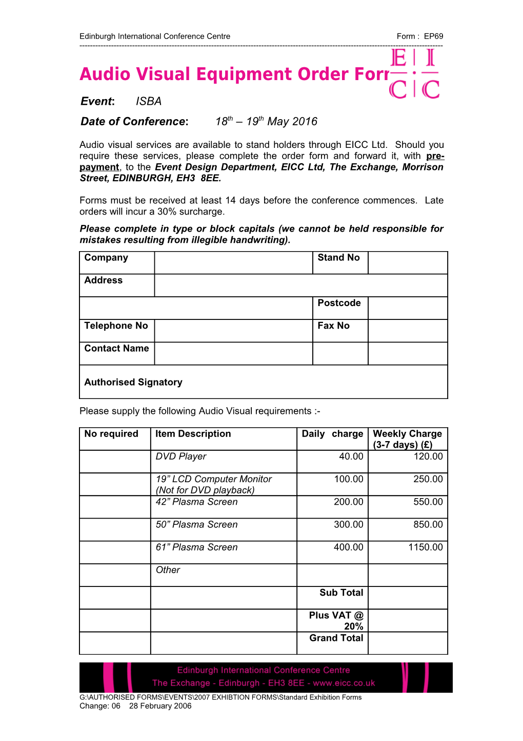 Exhibition Communications Order Form