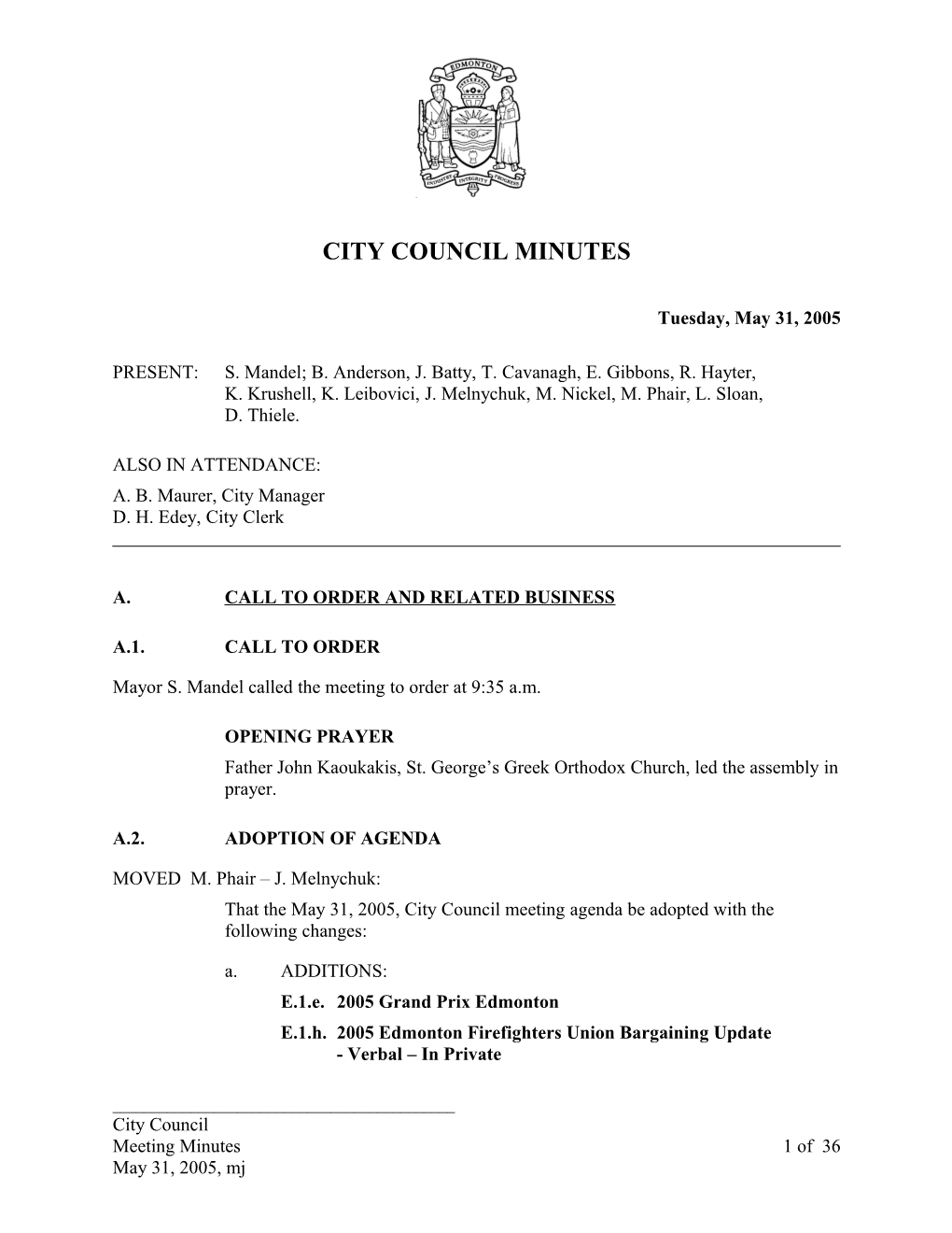 Minutes for City Council May 31, 2005 Meeting
