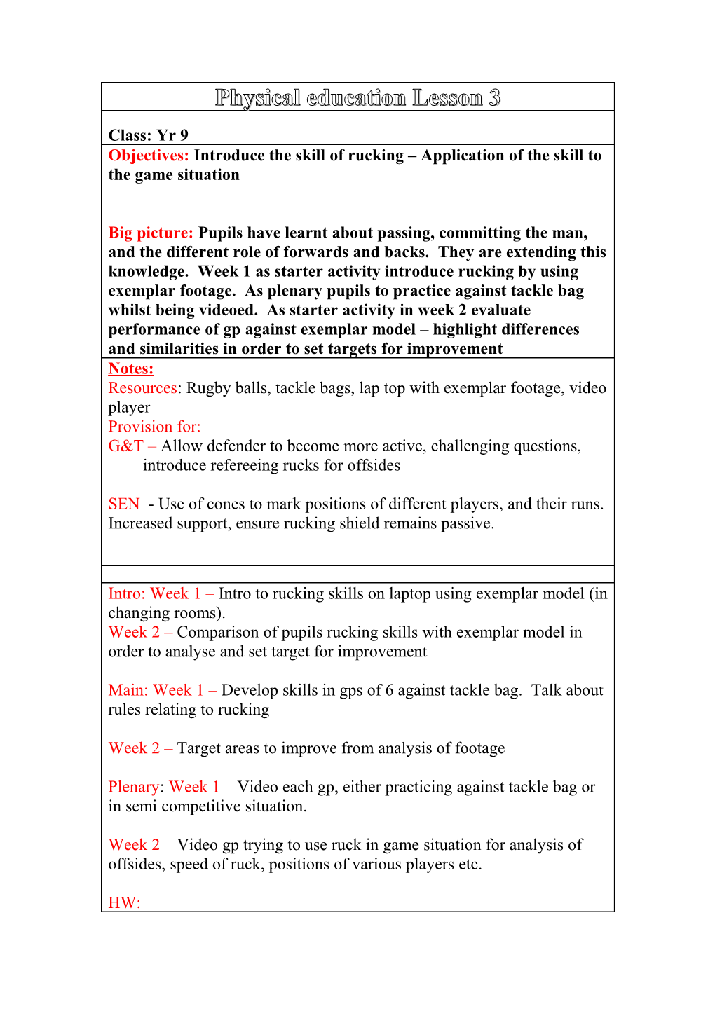 Physical Education Lesson Plan s2