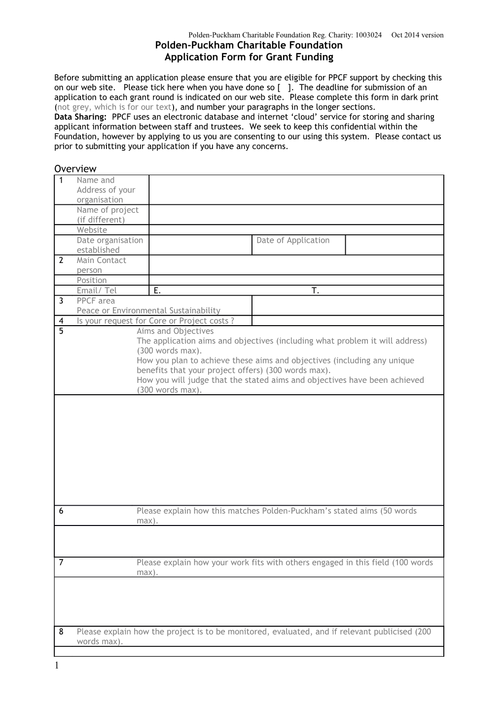Polden-Puckham Charitable Foundation (PPCF) Follow up Form