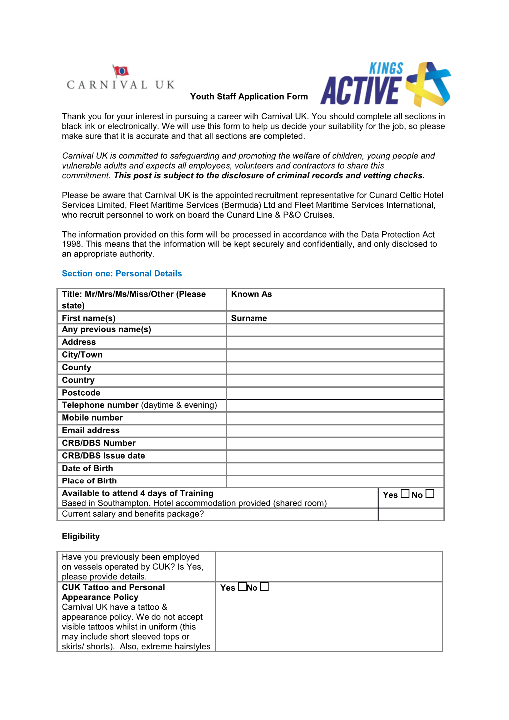 Youth Staff Application Form