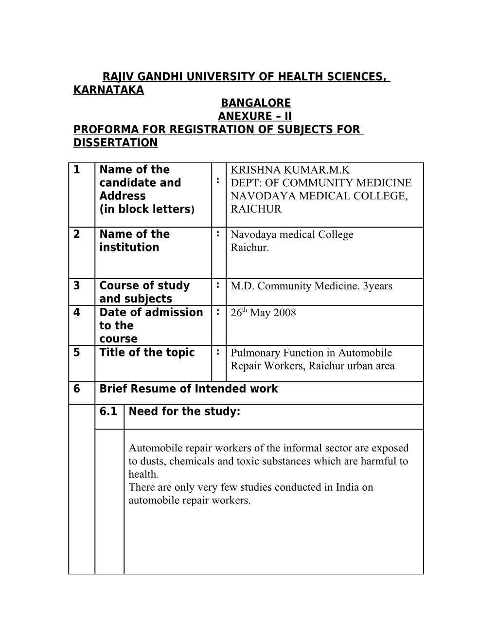 Proforma for Registration of Subjects for Dissertation s6