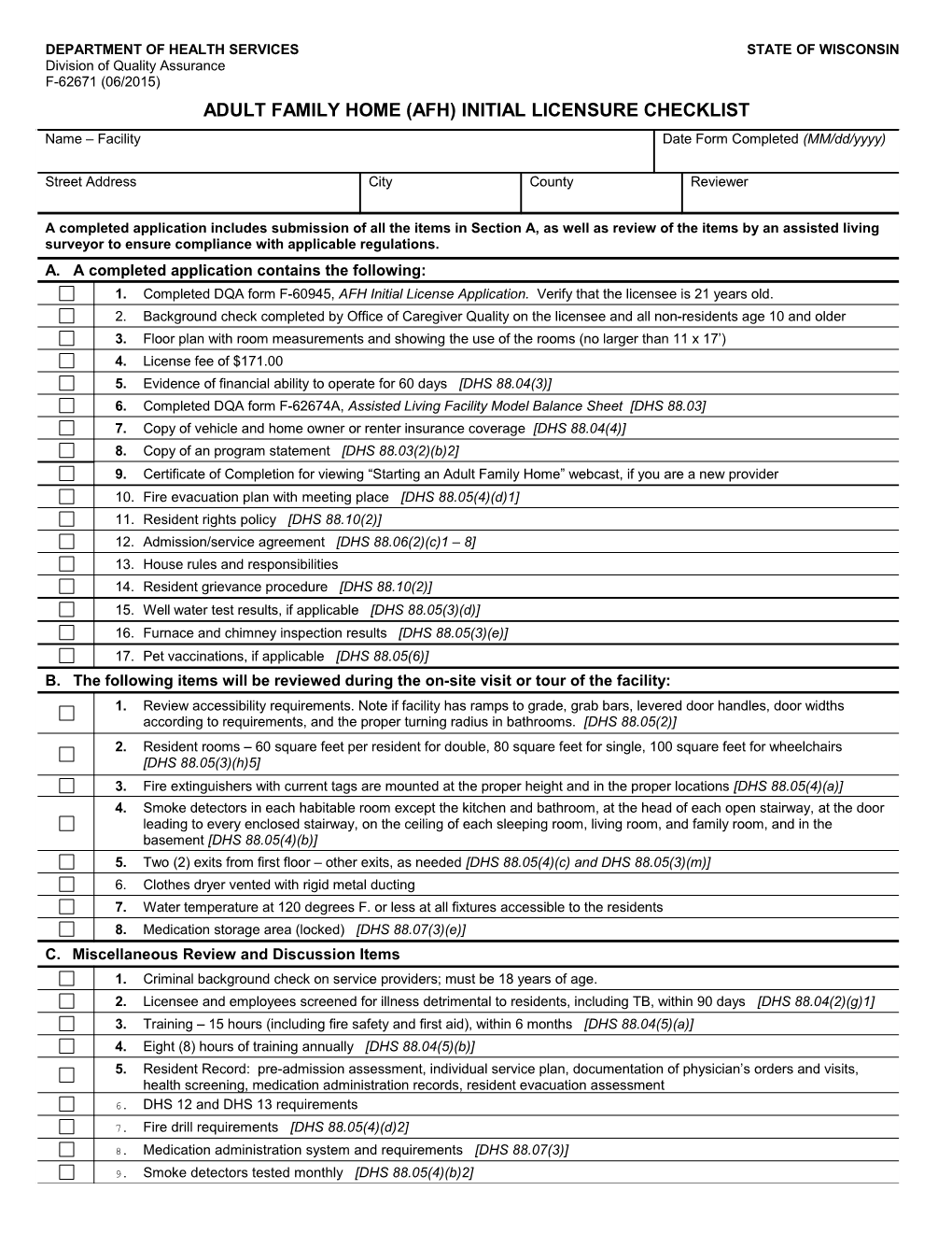 Adult Family Home Initial Licensure Checklist, F-62671