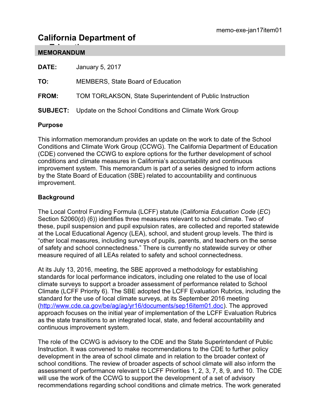 January 2017 Memo EXE Item 01 - Information Memorandum (CA State Board of Education) s1